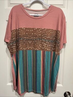 Crazy Train Colorblock Short Sleeve Top - Pink, Brown & Teal